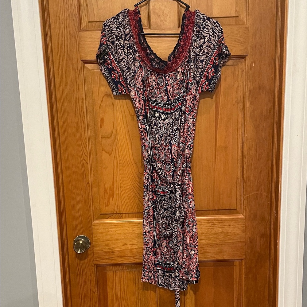 Lucky Brand Red and Navy Paisley Off the Shoulder Dress